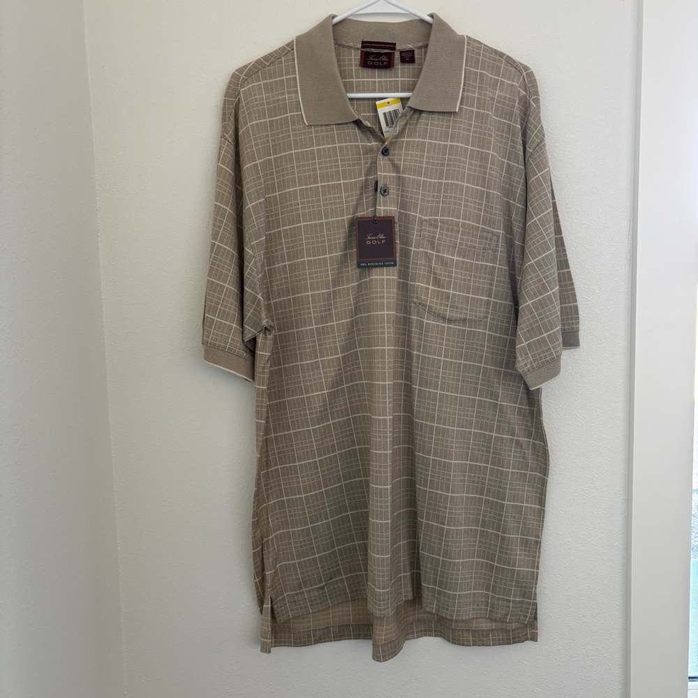 Tasso Elba Golf 100% Cotton Tan Checkered Plaid Polo Men’s Shirt Medium NWT